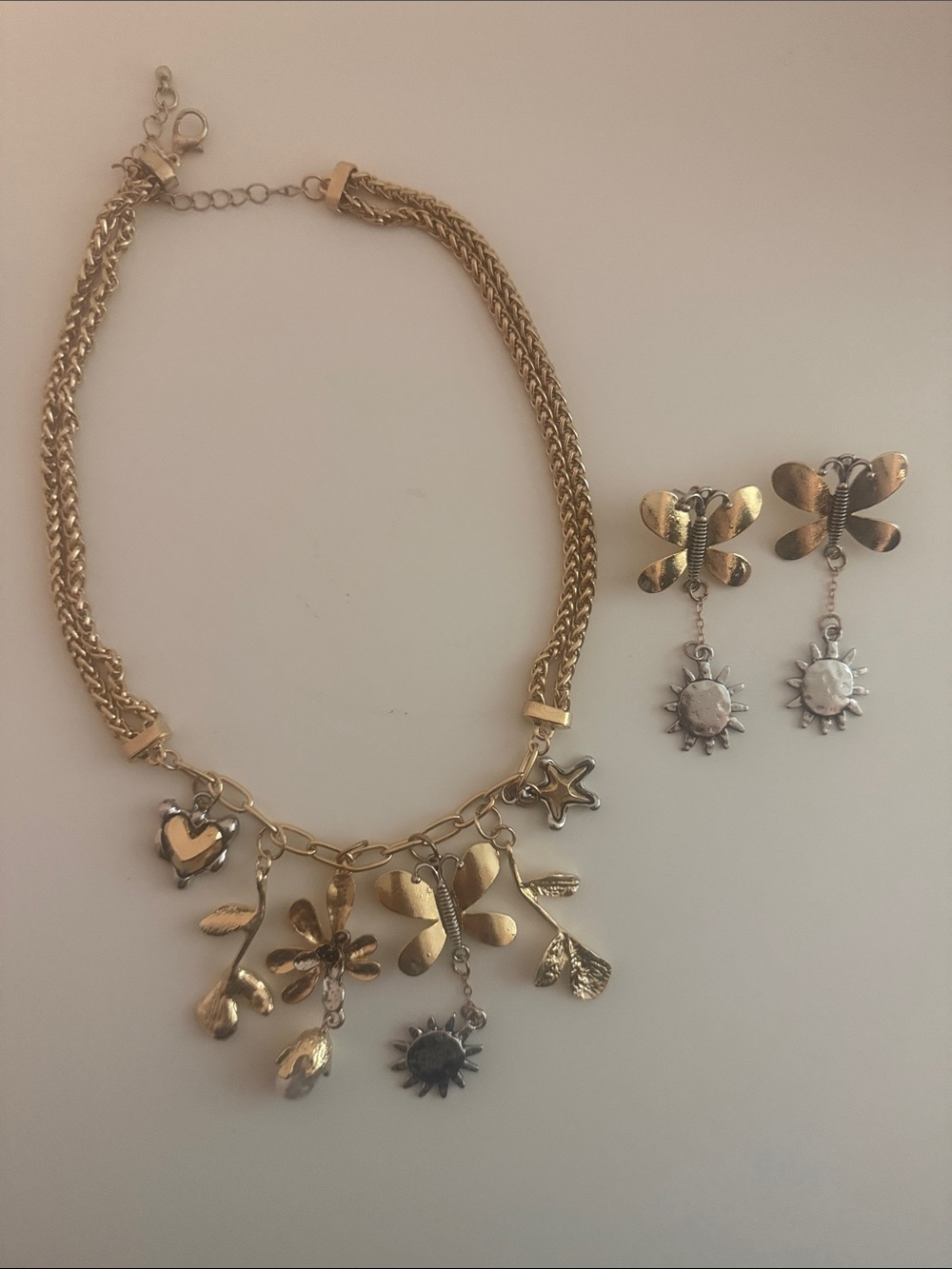 Zara Gold Multi-Charm Pendant Necklace & Sun Earrings Set